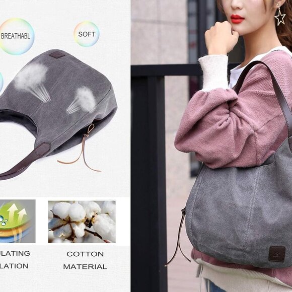 Women's Multi-pocket Shoulder Bag Fashion Cotton Canvas Handbag Tote Purse - Picture 5 of 7